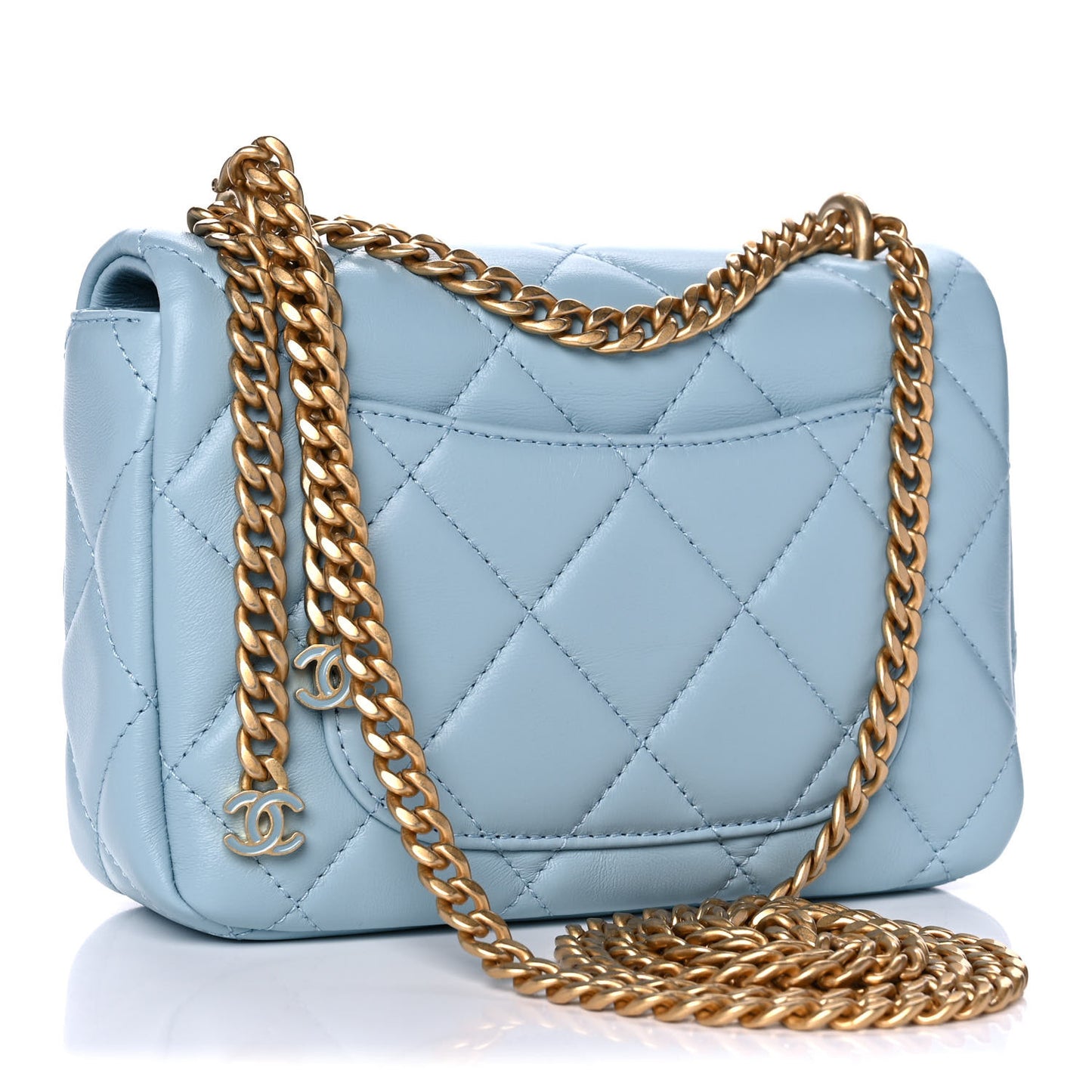 Lambskin Enamel Quilted Mini Pending CC Square Flap Light Blue