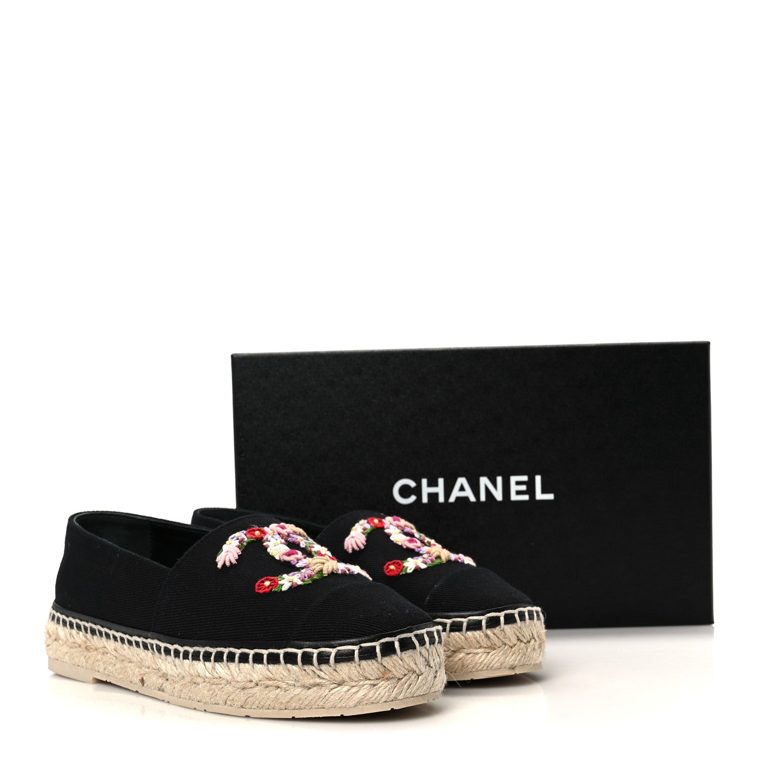 Chanel Cotton Embroidered Floral CC Espadrilles 37 Black 11 of 11