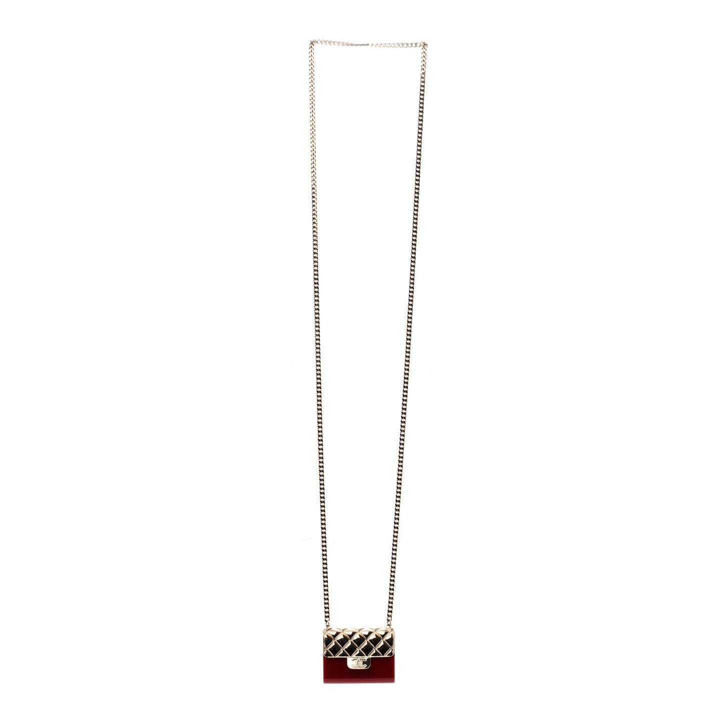 Metal Resin Flap Bag Long Necklace Gold Red