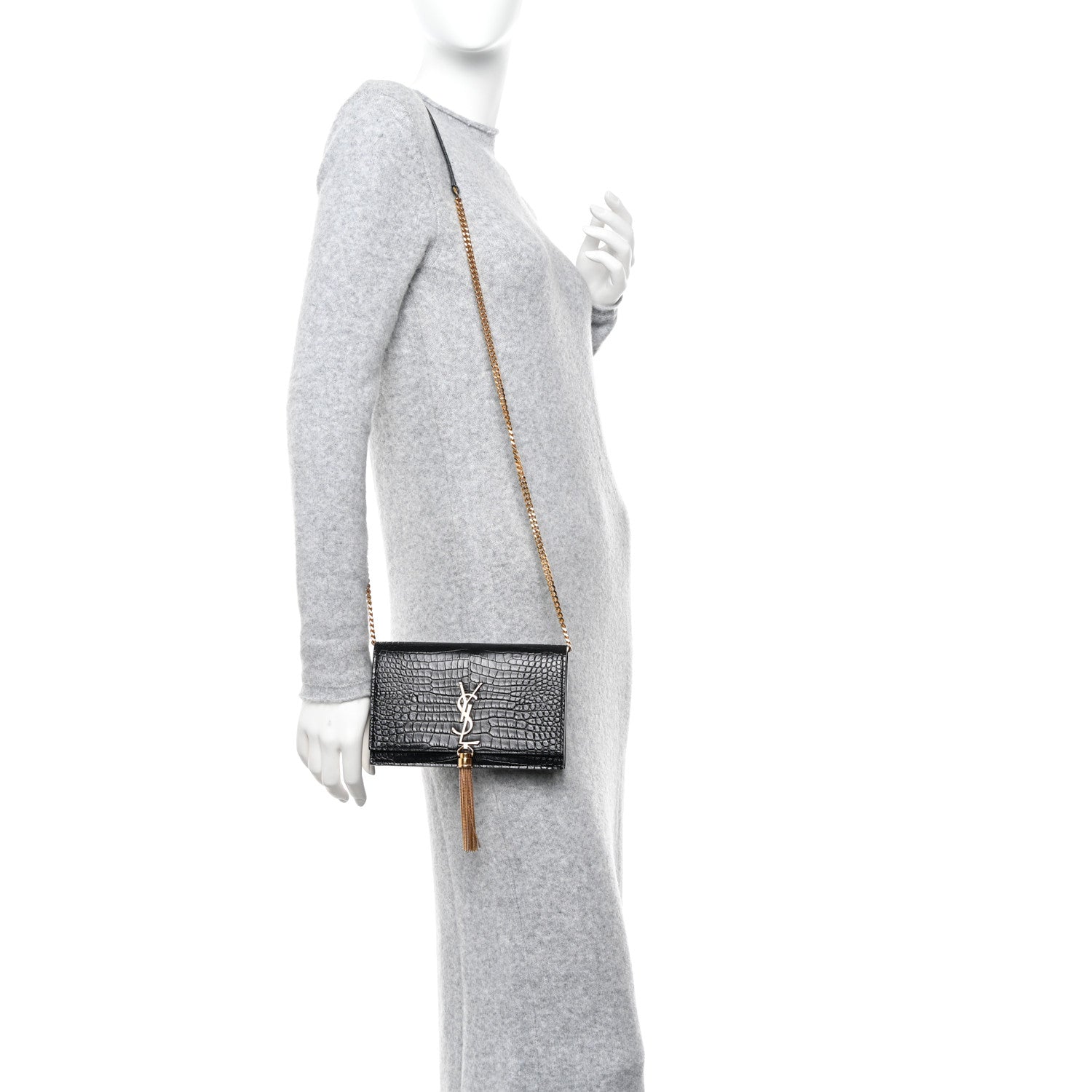 Saint Laurent SAINT LAURENT Calfskin Crocodile Embossed Kate Monogram Tassel Chain Wallet Black 2 of 12