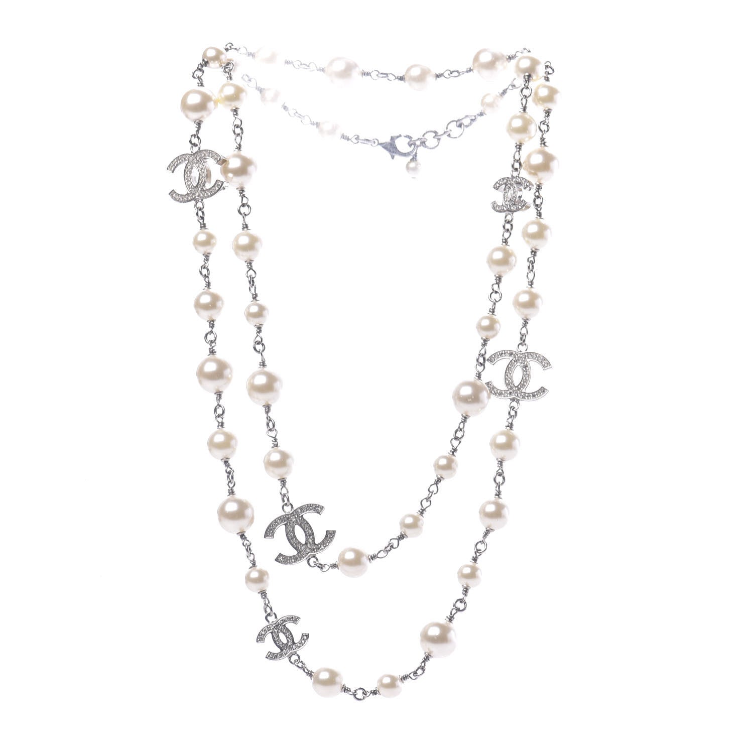 Chanel Crystal Pearl CC Long Necklace Silver 3 of 5