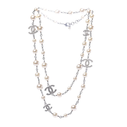 Chanel Crystal Pearl CC Long Necklace Silver 3 of 5