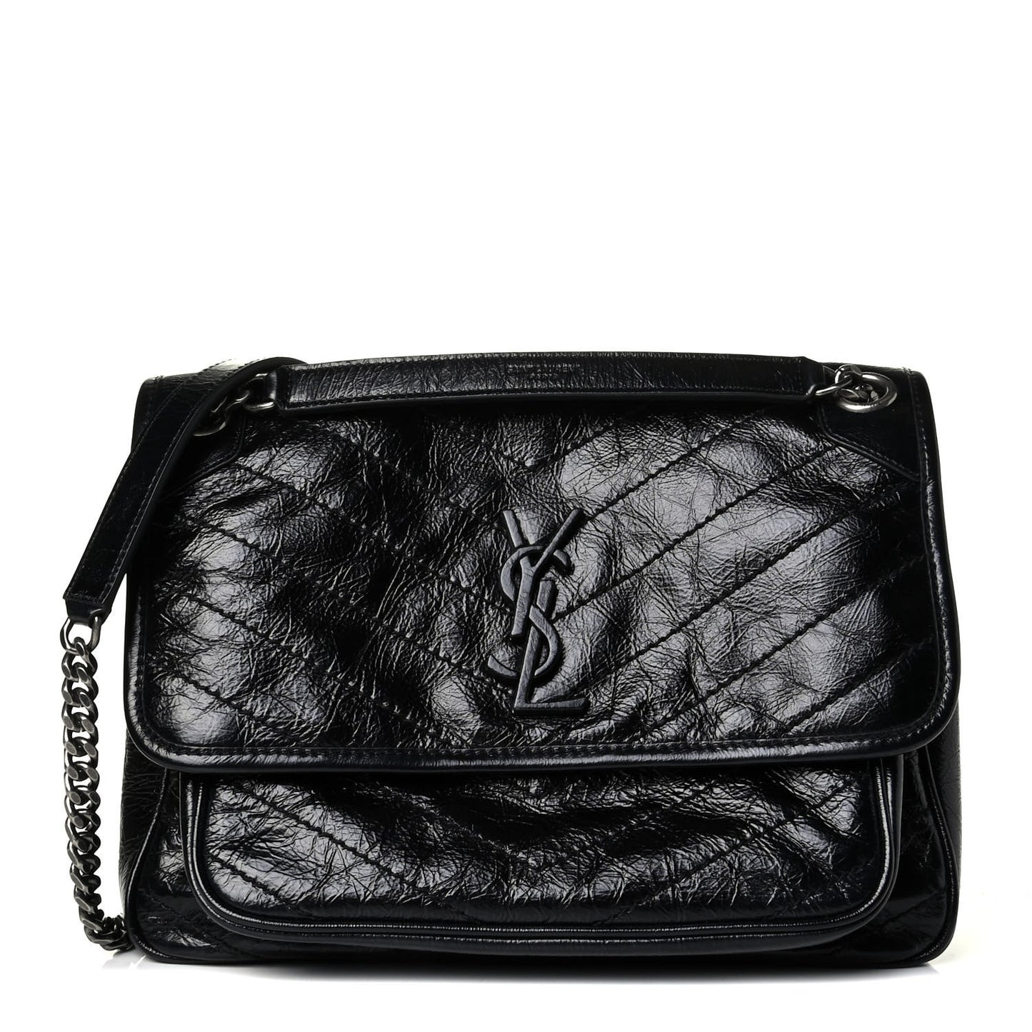 Crinkled Calfskin Matelasse Monogram Medium Niki Chain Satchel Black