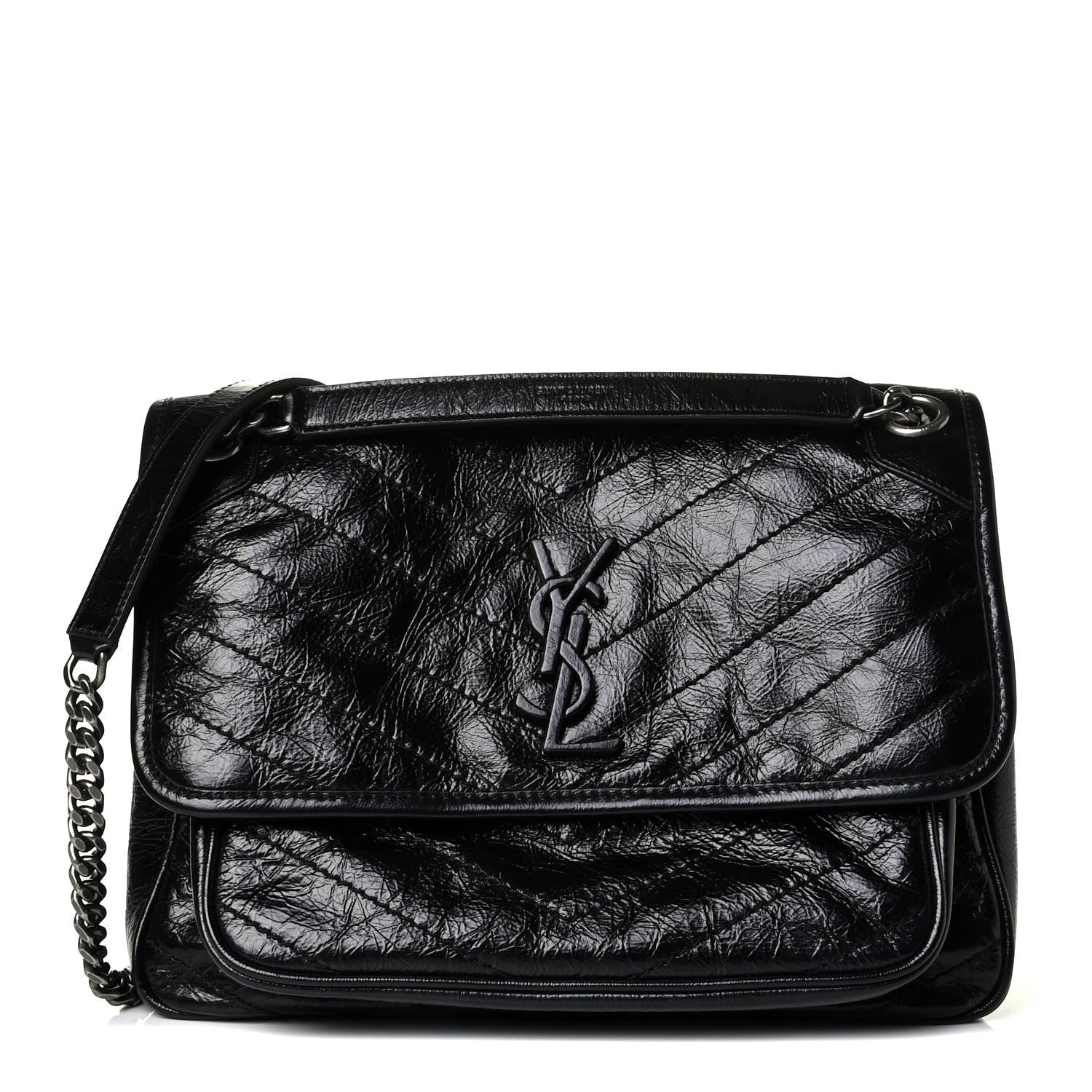 Saint Laurent Crinkled Calfskin Matelasse Monogram Medium Niki Chain Satchel Black 1 of 6