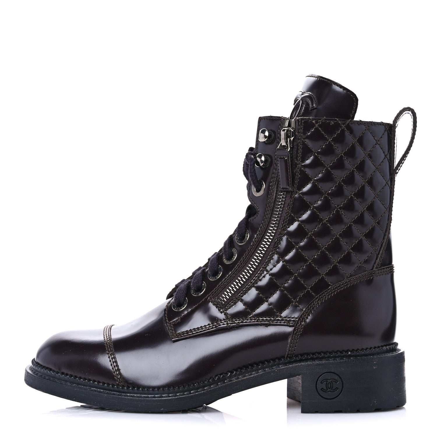 Chanel Glazed Calfskin Quilted Lace Up Combat Boots 37.5 Brown 1 of 15
