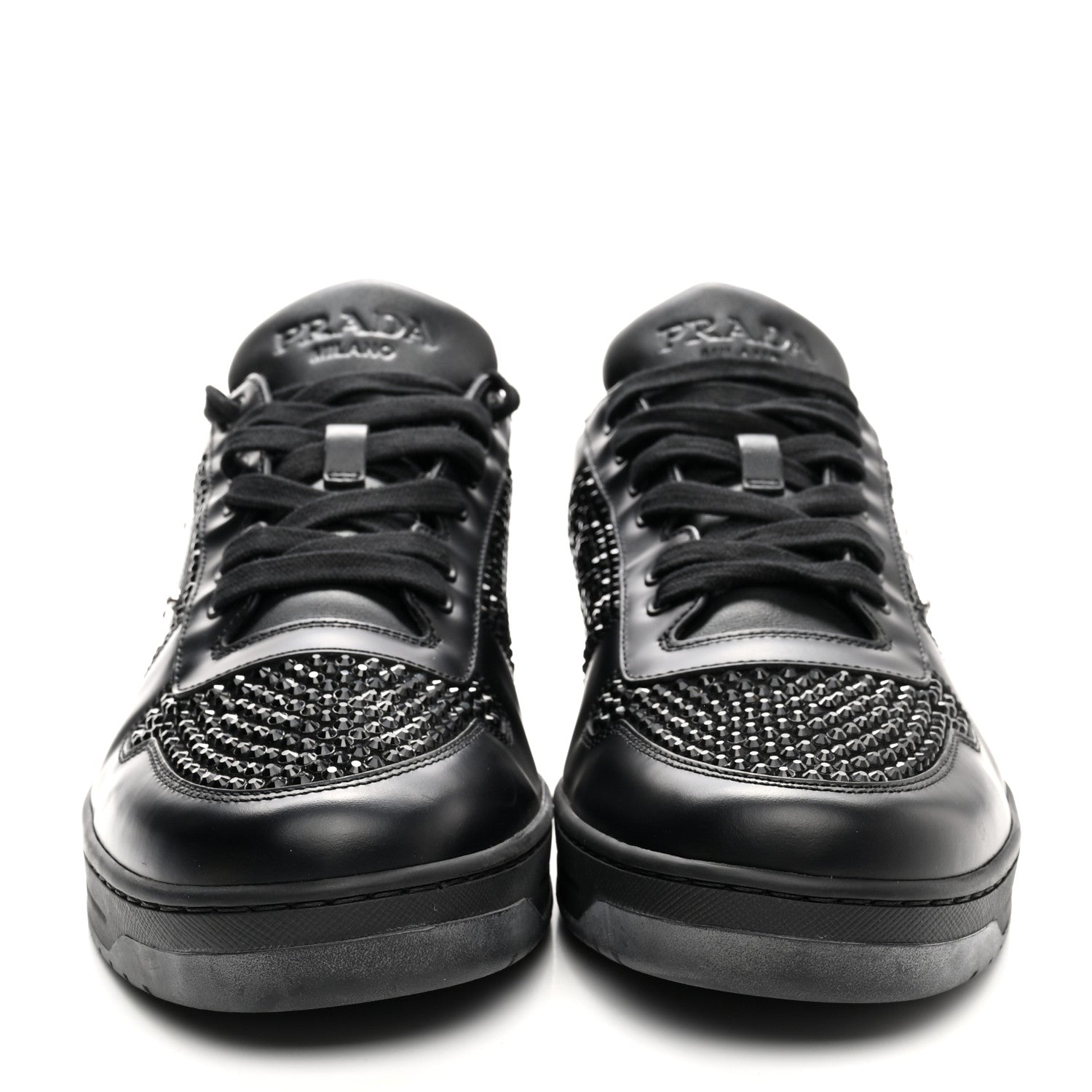 Prada Vitello Rois Crystal Embellished Metal Triangle Logo Mens Downtown Low Top Sneakers 8.5 Black 2 of 12