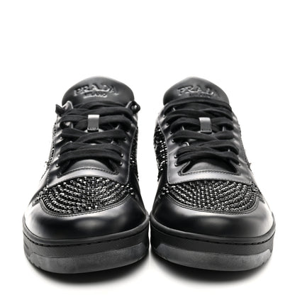 Prada Vitello Rois Crystal Embellished Metal Triangle Logo Mens Downtown Low Top Sneakers 8.5 Black 2 of 12