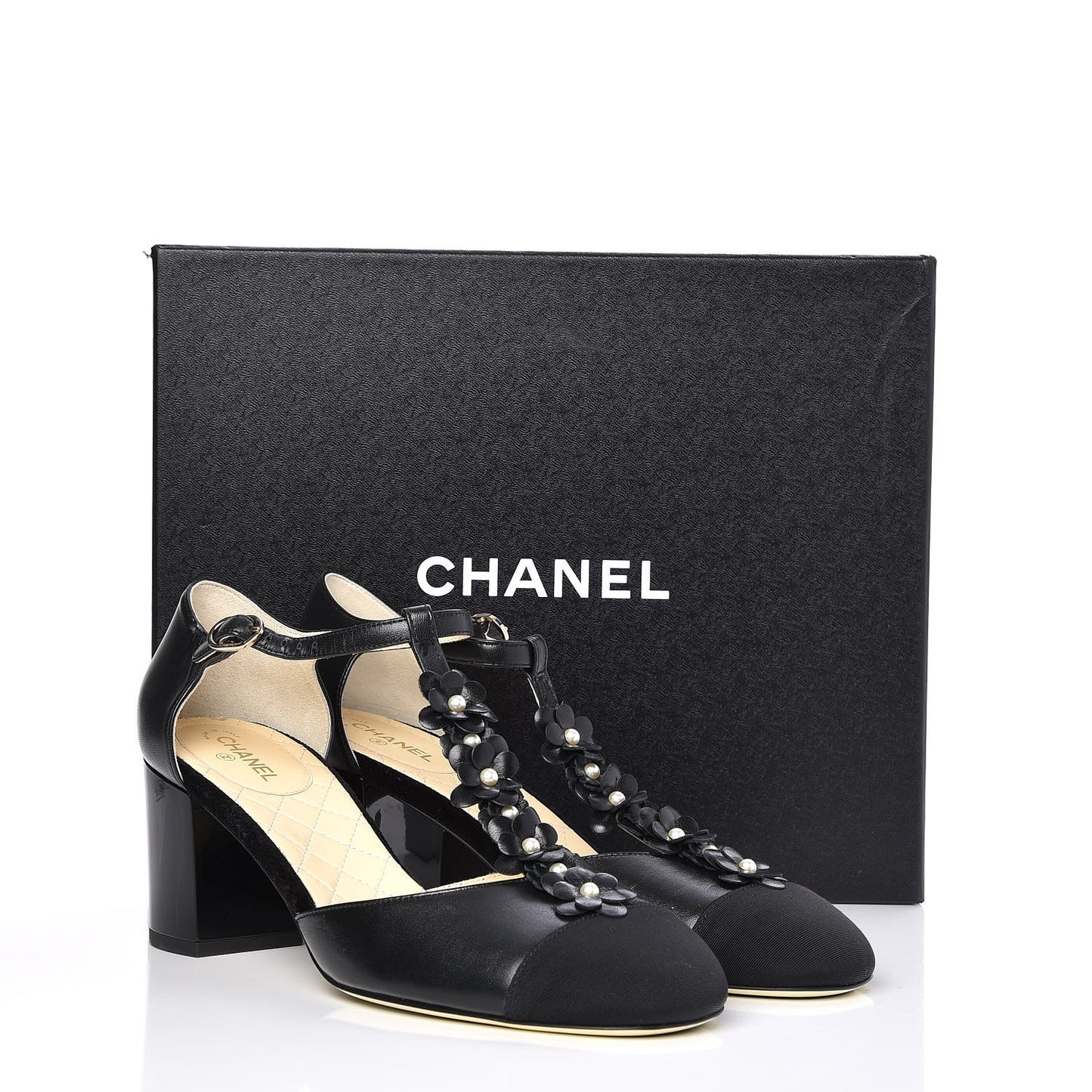 Lambskin Patent Grosgrain Pearl Camellia Pumps 40.5 Black