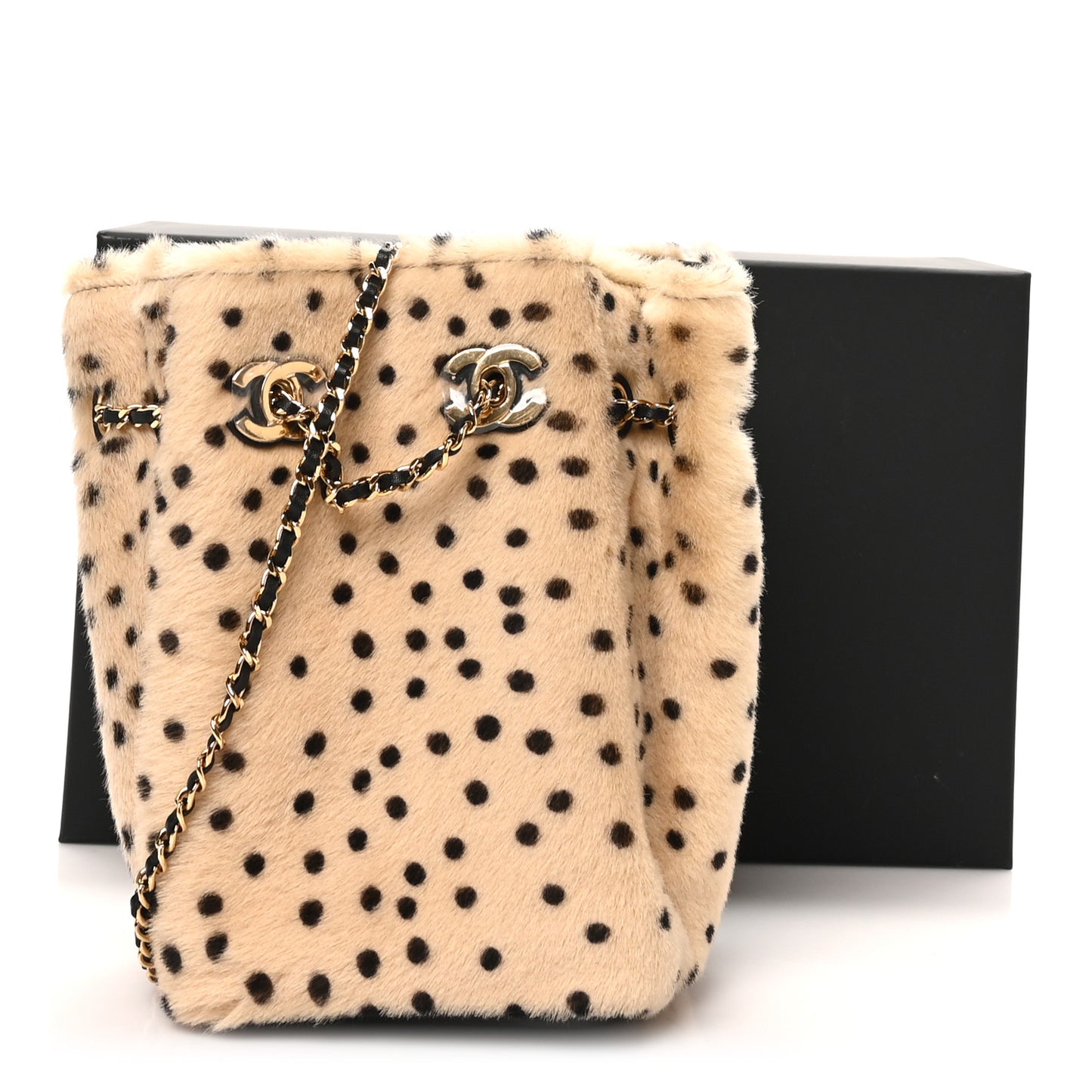 Pony Hair Cheetah Printed CC Chain Bucket Bag Light Beige Black