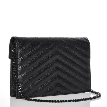 Saint Laurent Grain De Poudre Matelasse Chevron Monogram Envelope Chain Wallet Black 3 of 8