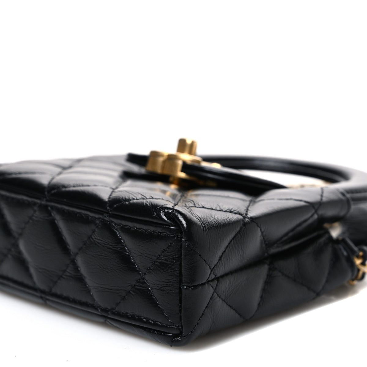 Shiny Aged Calfskin Quilted Mini Nano Kelly Shopper Black
