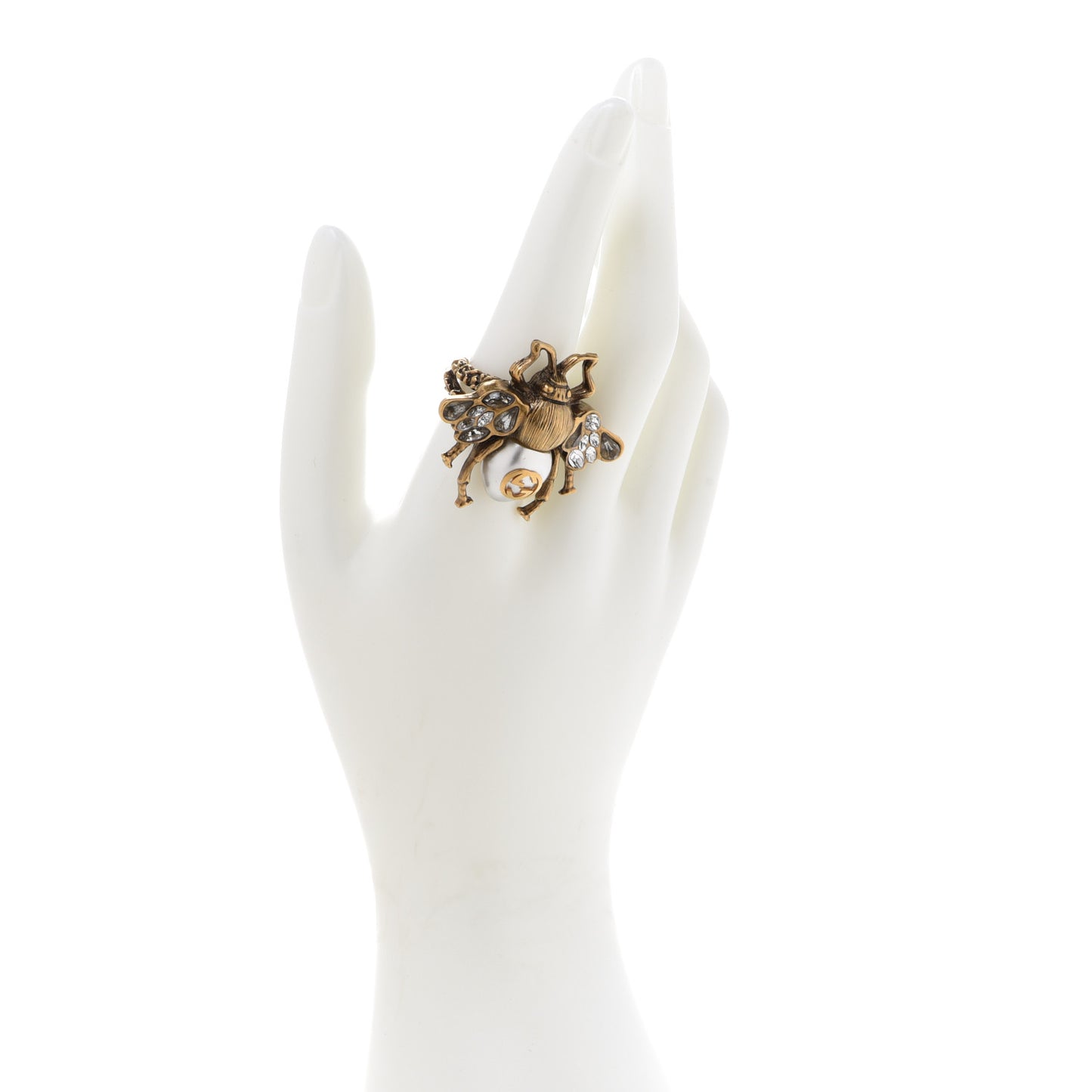 Metal Crystal Pearl Bee Multifinger Ring Aged Gold