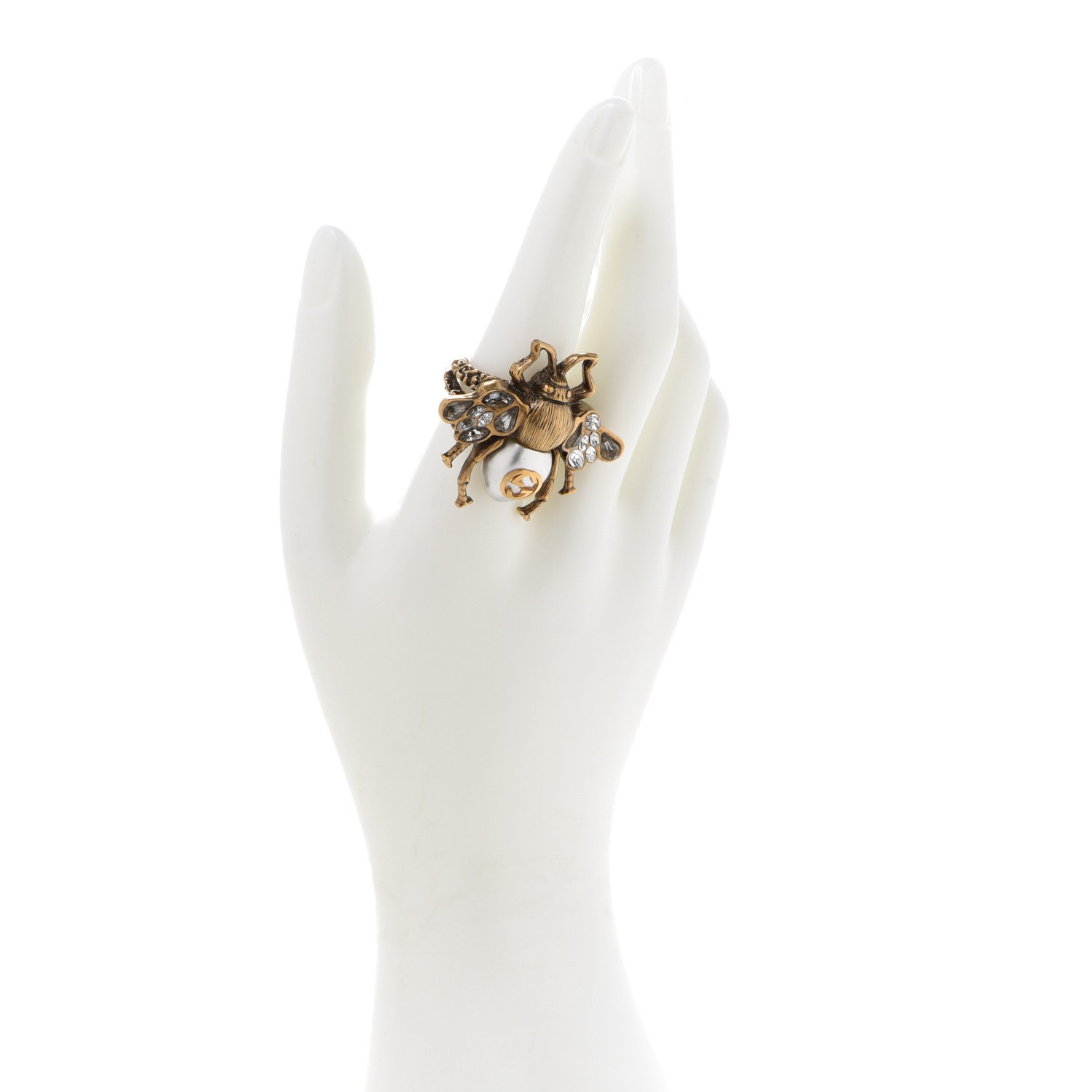 Gucci Metal Crystal Pearl Bee Multifinger Ring Aged Gold 2 of 4