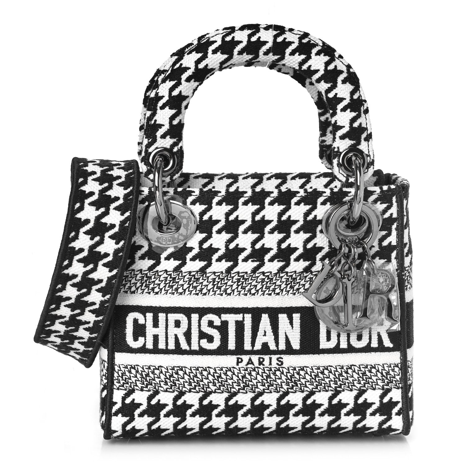 Christian Dior Canvas Houndstooth Embroidered Mini Lady D-Lite Black White 1 of 8
