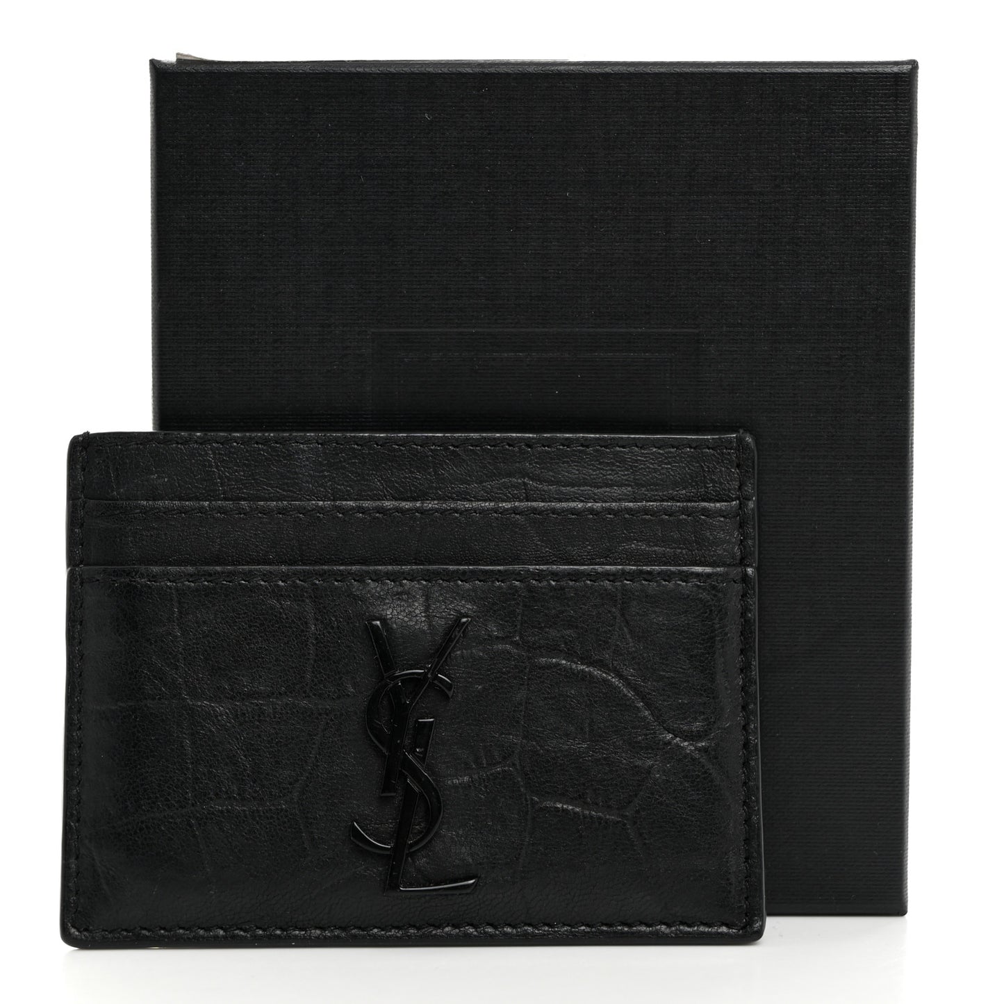 Calfskin Crocodile Embossed Monogram Credit Card Case Black