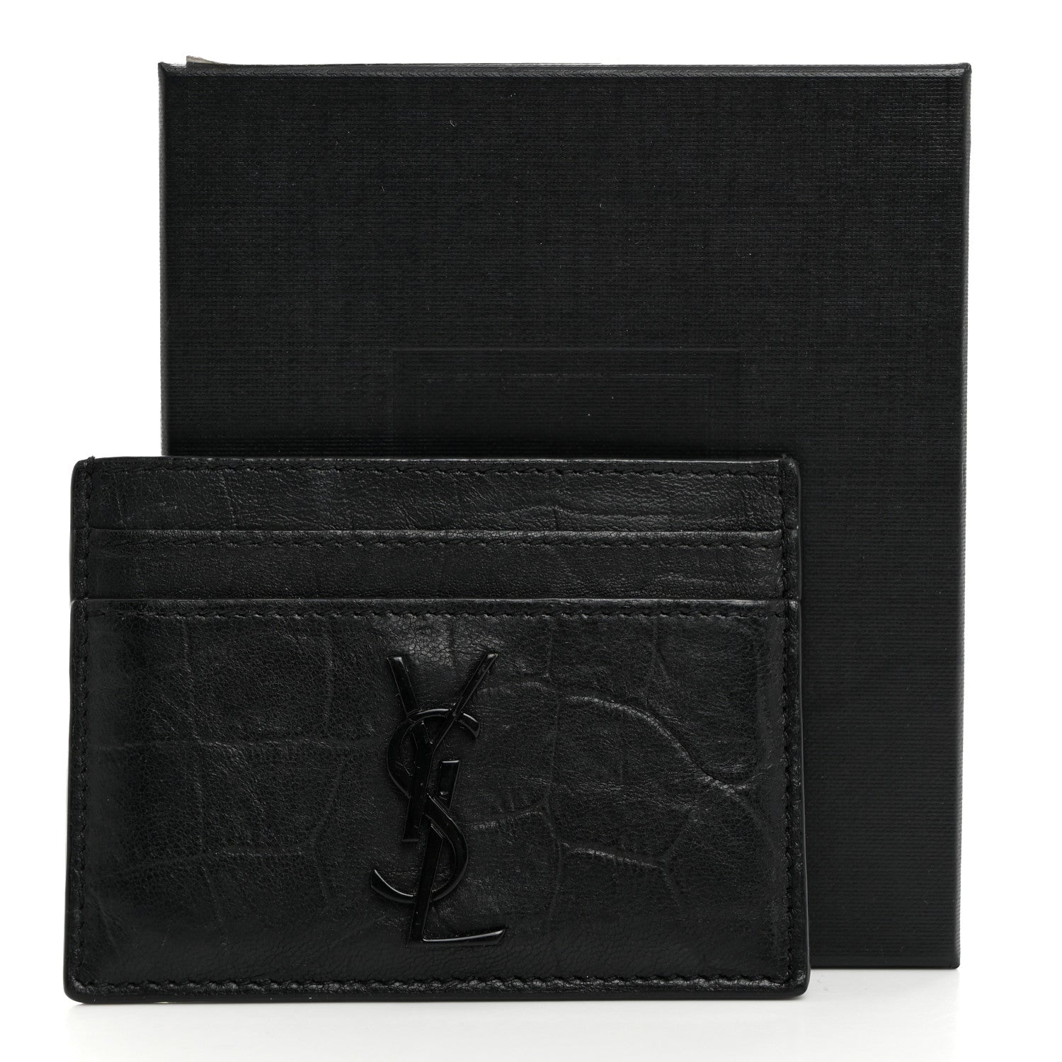 Saint Laurent Calfskin Crocodile Embossed Monogram Credit Card Case Black 8 of 8