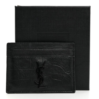 Saint Laurent Calfskin Crocodile Embossed Monogram Credit Card Case Black 8 of 8