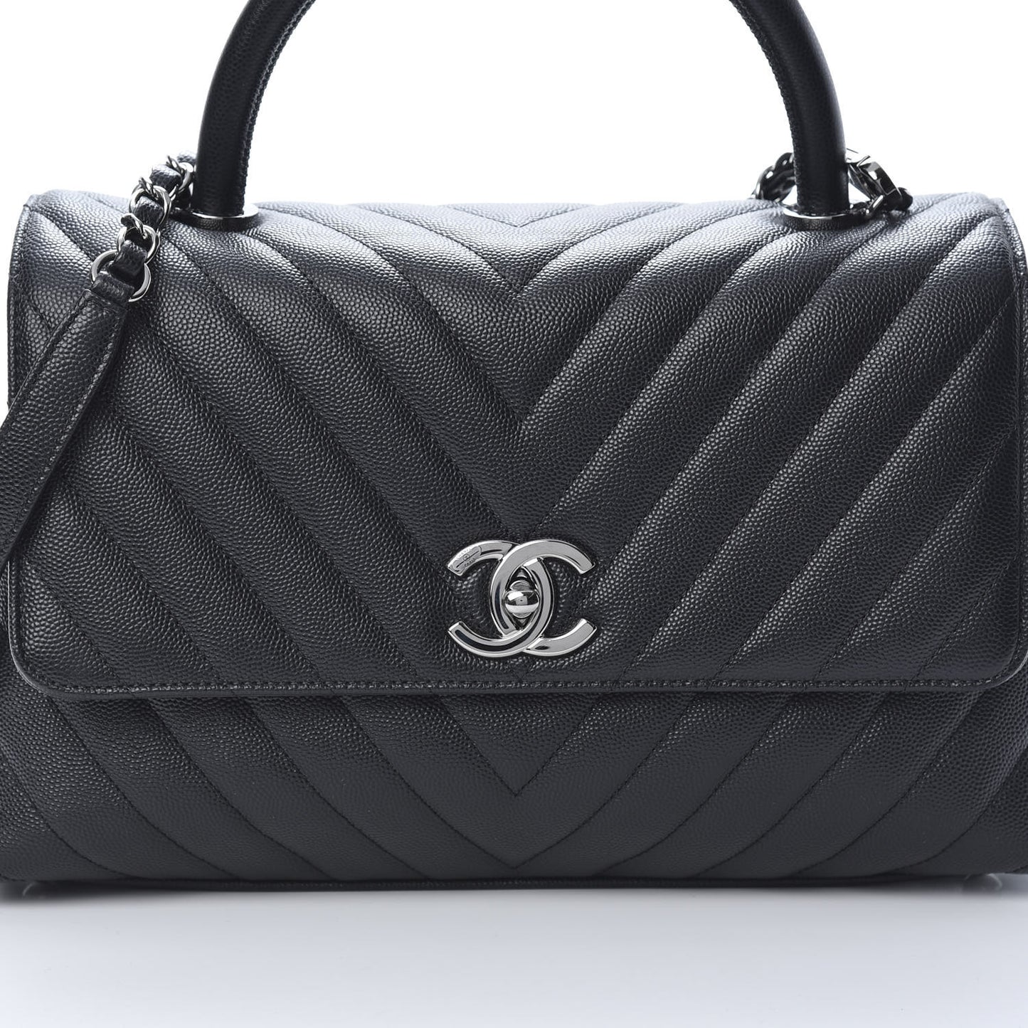 Caviar Chevron Quilted Small Coco Handle Flap Black