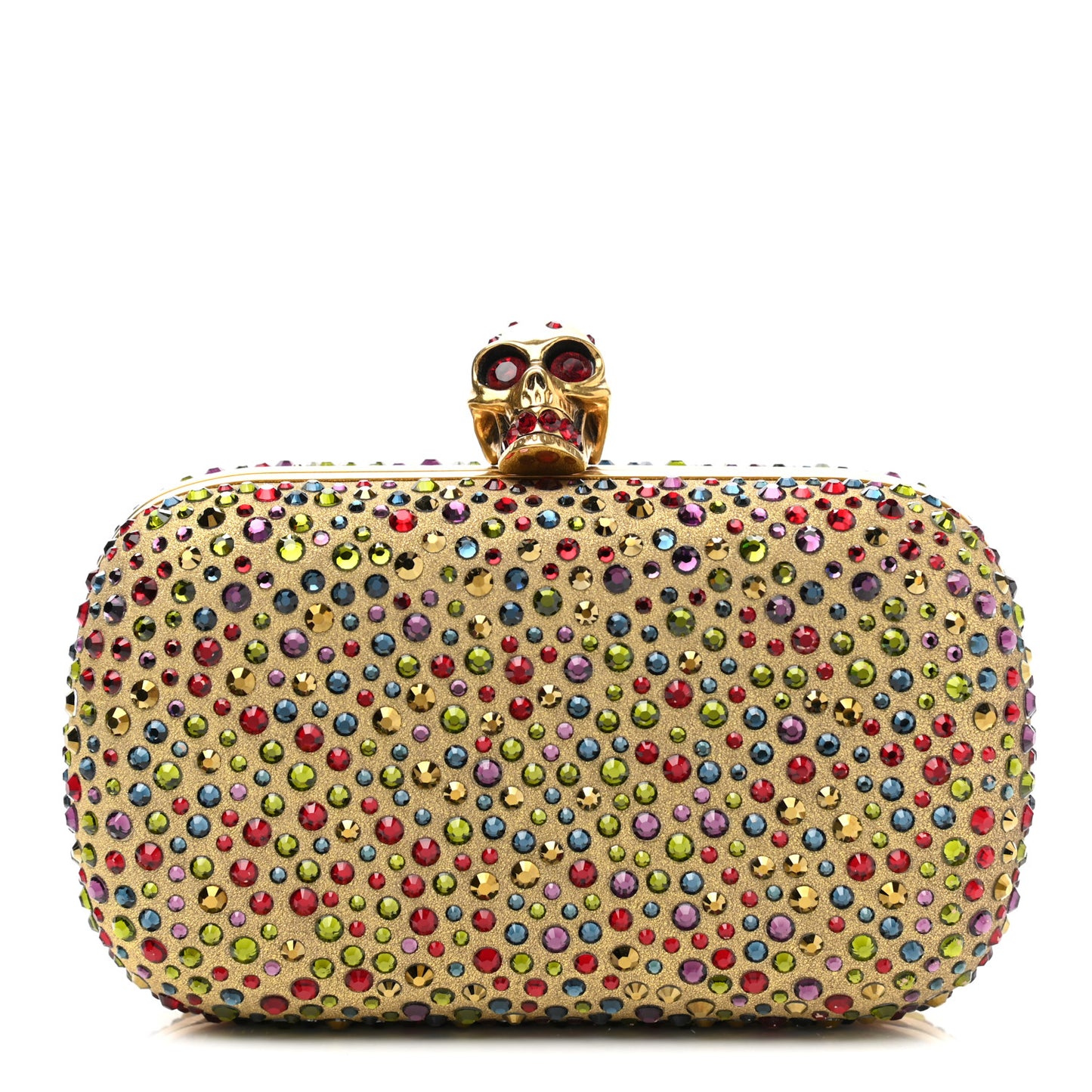 Metallic Crystal Skull Box Clutch Gold Multicolor