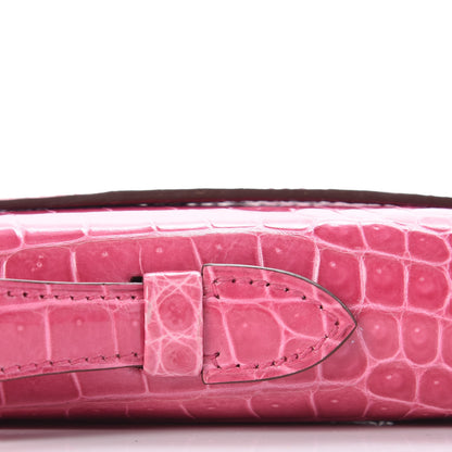 Hermes Shiny Porosus Crocodile 18K White Gold Diamond Kelly Cut Pochette Rose Tyrien 16 of 27
