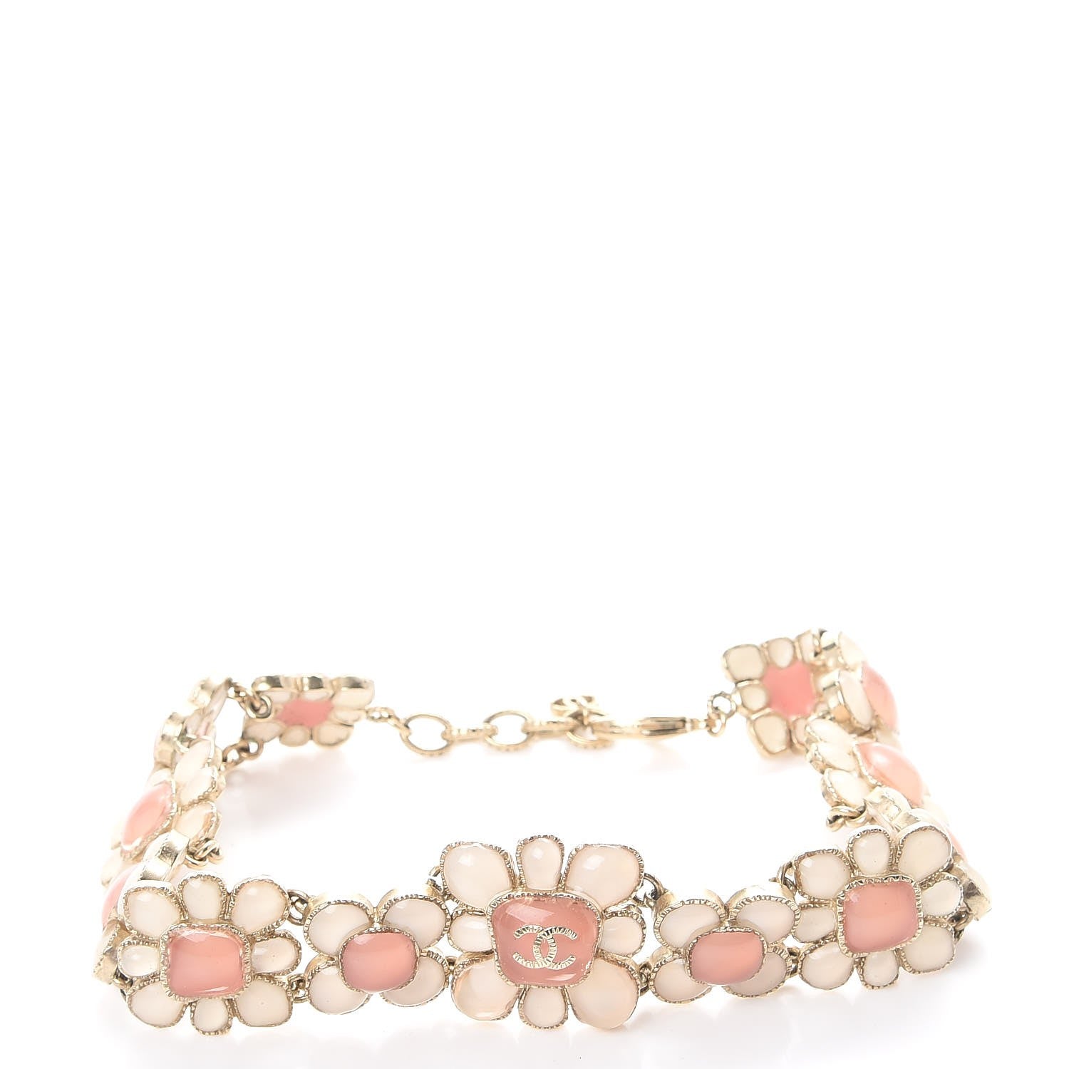 Chanel Gripoix Poured Glass CC Korean Blossom Choker Necklace Gold Pink White 3 of 9