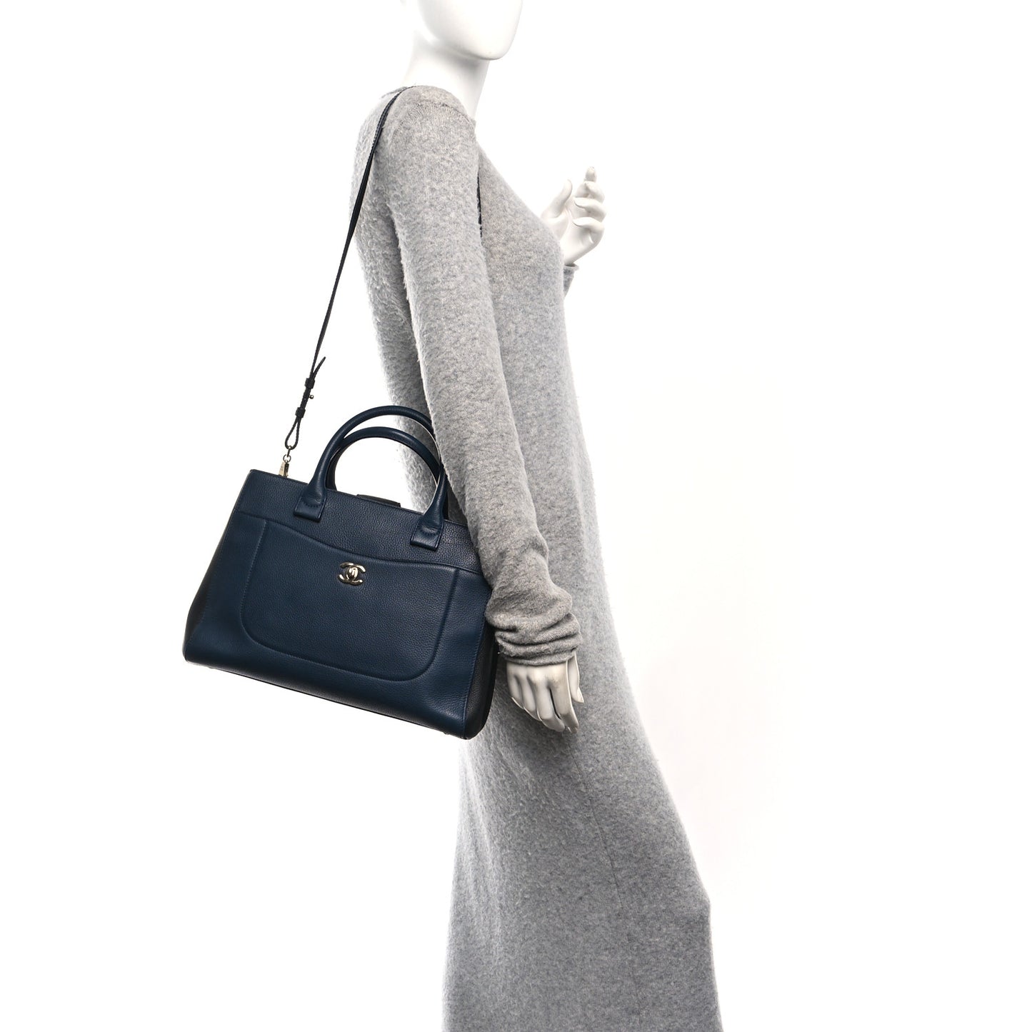 Grained Calfskin Small Neo Executive Shopper Tote Dark Blue Black