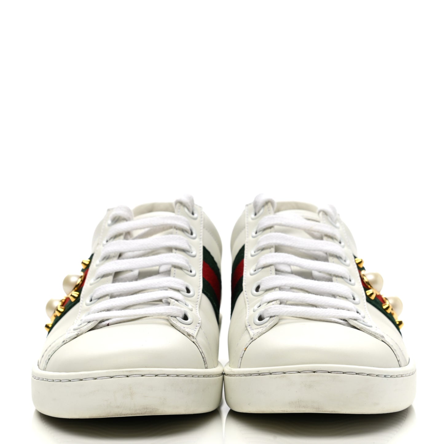 Calfskin Web Pearl Studded Womens Ace Sneakers 35 White