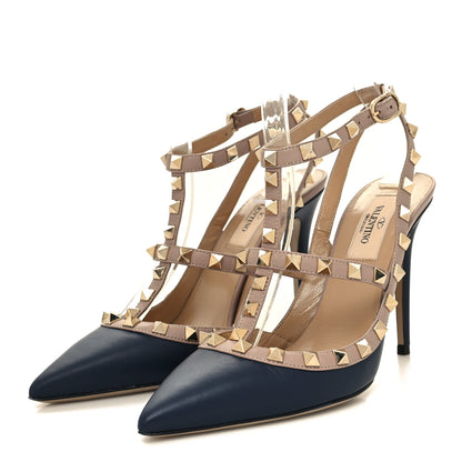 Valentino Garavani Calfskin Nappa Rockstud Ankle Strap 100mm Pumps 37 Marine Poudre 3 of 9