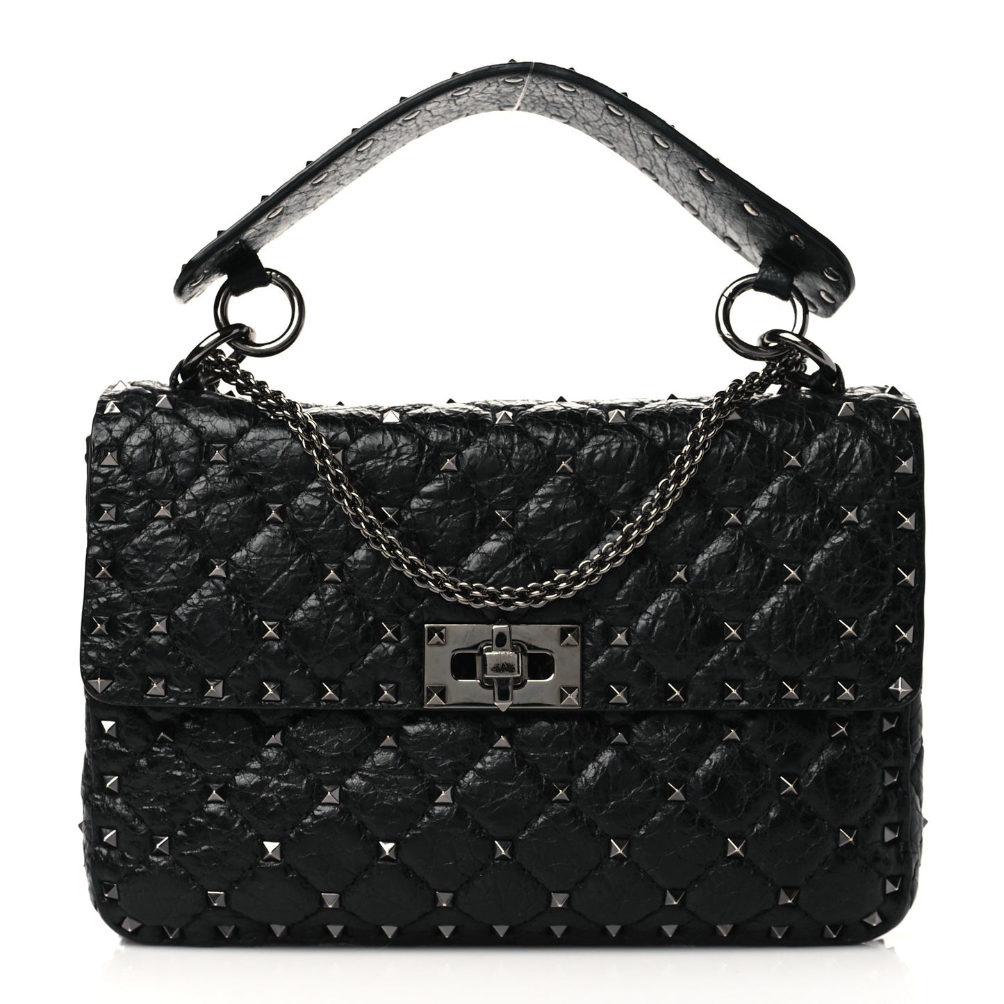 Craquele Nappa Medium Rockstud Spike Shoulder Bag Black