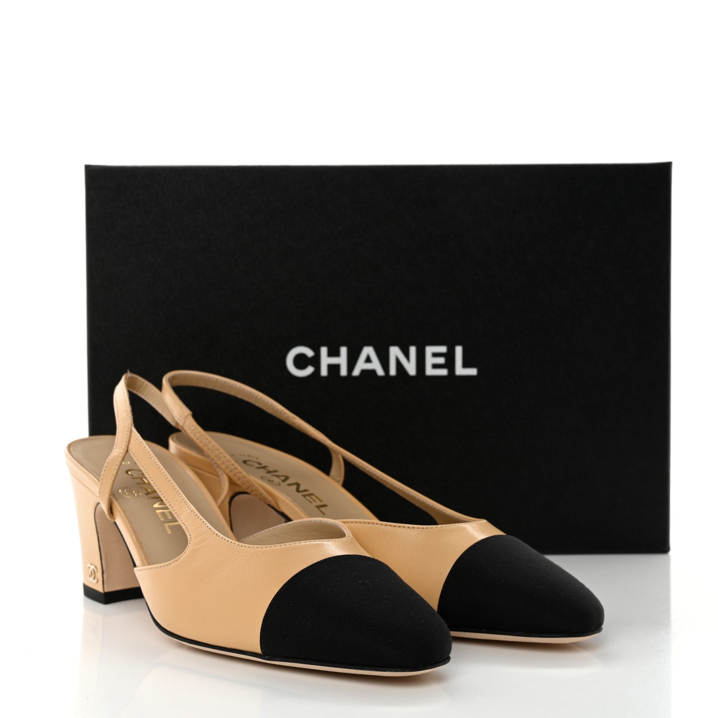 Goatskin Grosgrain Cap Toe CC Slingback Pumps 37.5 Beige Black