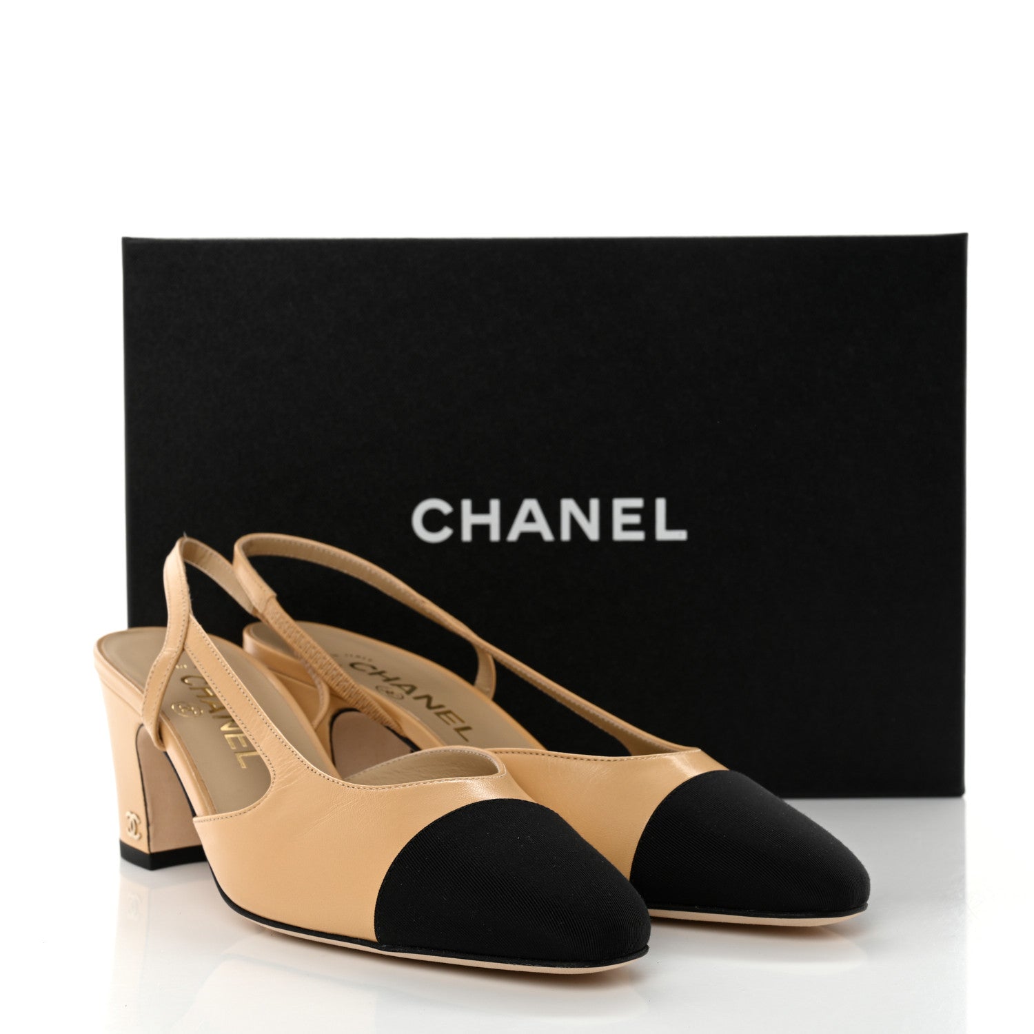 Chanel Goatskin Grosgrain Cap Toe CC Slingback Pumps 37.5 Beige Black 9 of 9