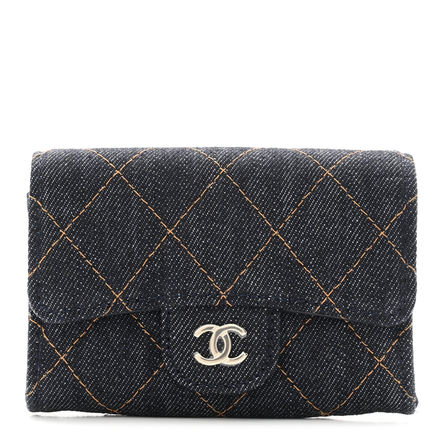 Denim Quilted Flap Card Holder Wallet Dark Blue Orange
