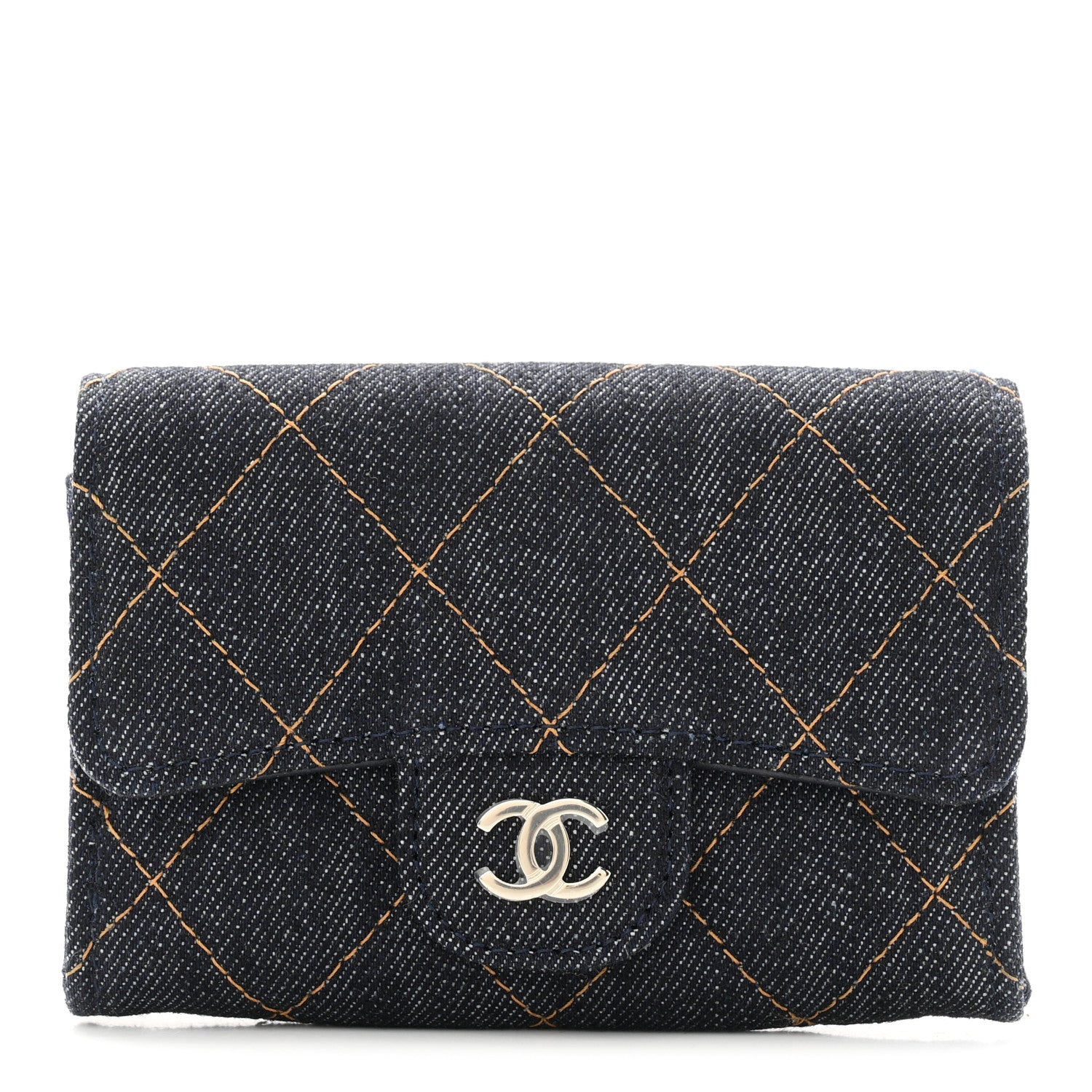 Chanel Denim Quilted Flap Card Holder Wallet Dark Blue Orange 1 of 9