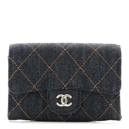 Chanel Denim Quilted Flap Card Holder Wallet Dark Blue Orange 1 of 9