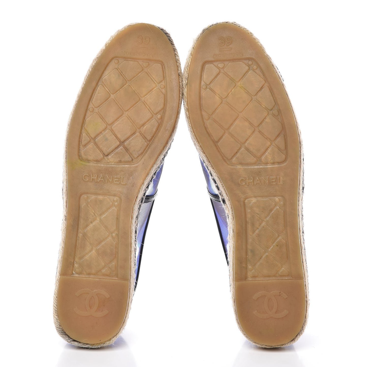 Mesh Lambskin Check Print CC Espadrilles 39 Blue Black White
