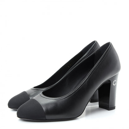 Chanel Calfskin Grosgrain Crystal Cap Toe Logo Pumps 36.5 Black 3 of 9