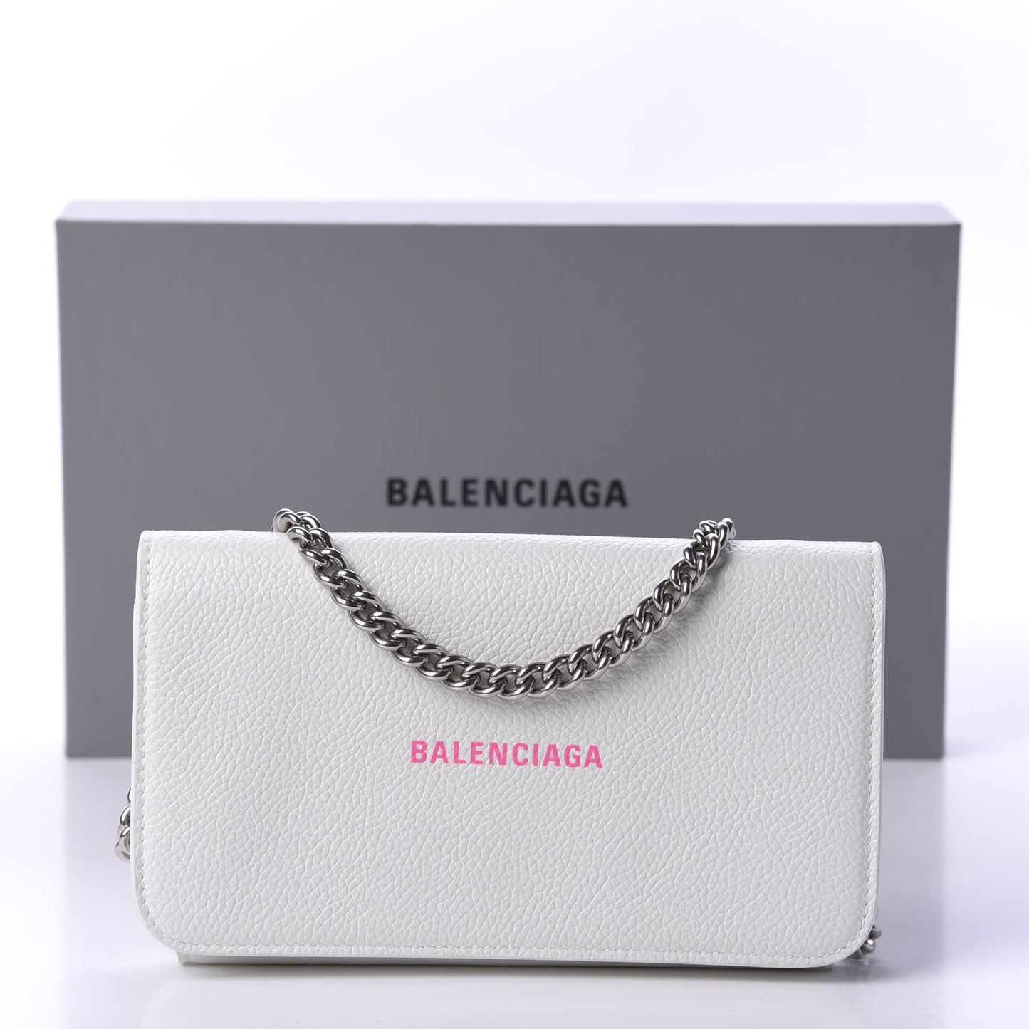 Grained Calfskin Logo Cash Phone Holder Wallet On Chain White Fluo Pink