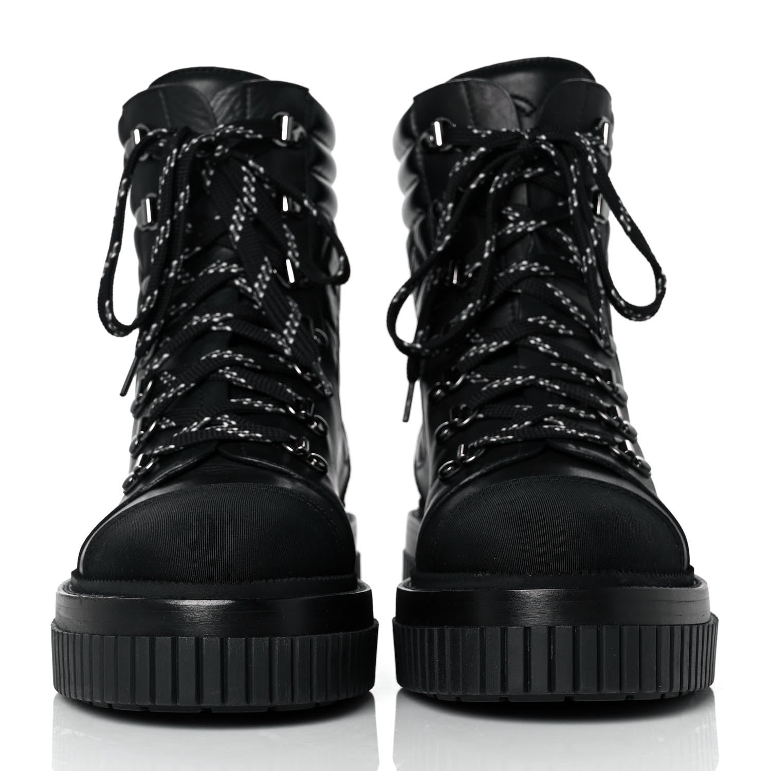 Chanel Calfskin Grosgrain Quilted Lace Up Boots 38 Black Grey 2 of 7
