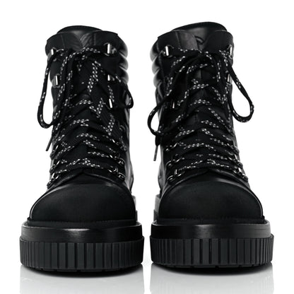 Chanel Calfskin Grosgrain Quilted Lace Up Boots 38 Black Grey 2 of 7
