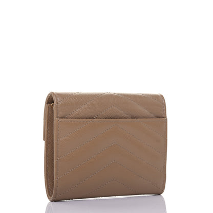 Saint Laurent Grain De Poudre Matelasse Chevron Monogram Compact Tri Fold Wallet Light Taupe 3 of 11