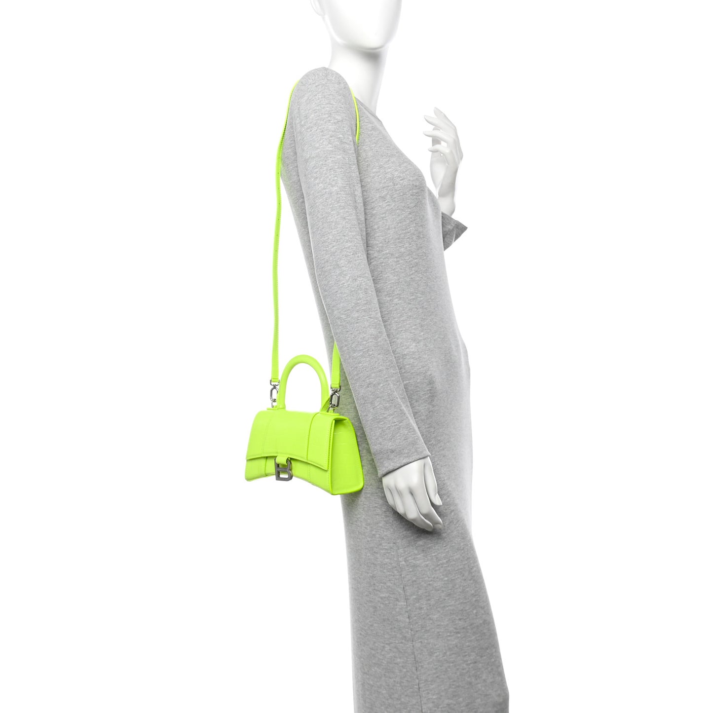 Shiny Calfskin Crocodile Embossed Hourglass Top Handle Bag XS Fluo Yellow