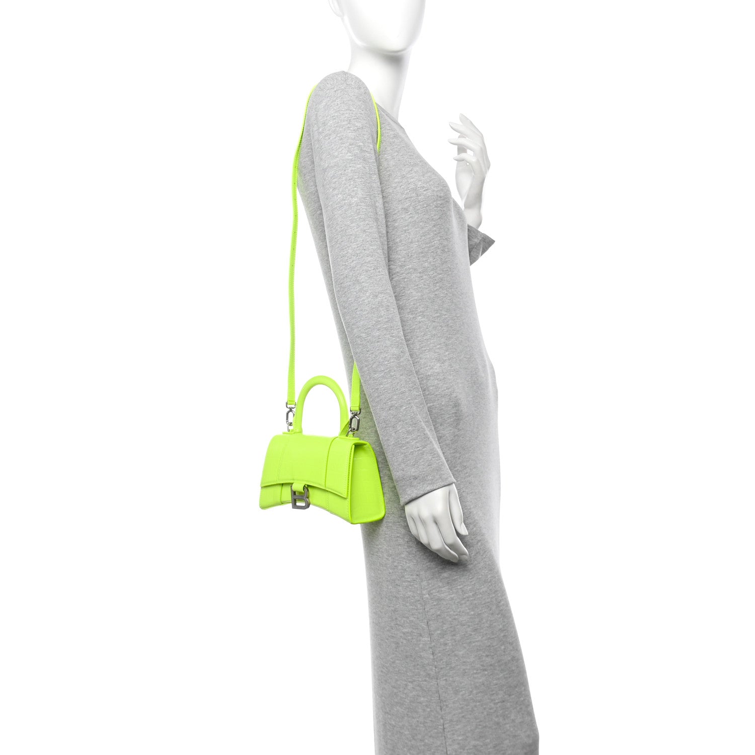 Balenciaga Shiny Calfskin Crocodile Embossed Hourglass Top Handle Bag XS Fluo Yellow 2 of 11