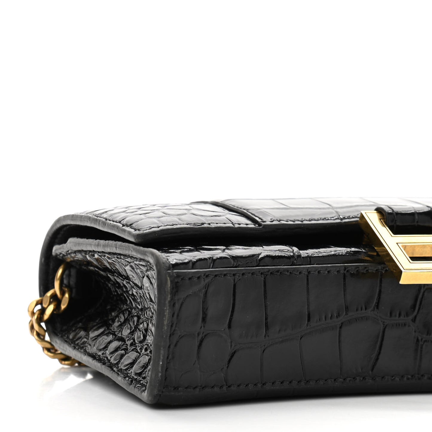 Shiny Calfskin Crocodile Embossed Hourglass Chain Bag Black