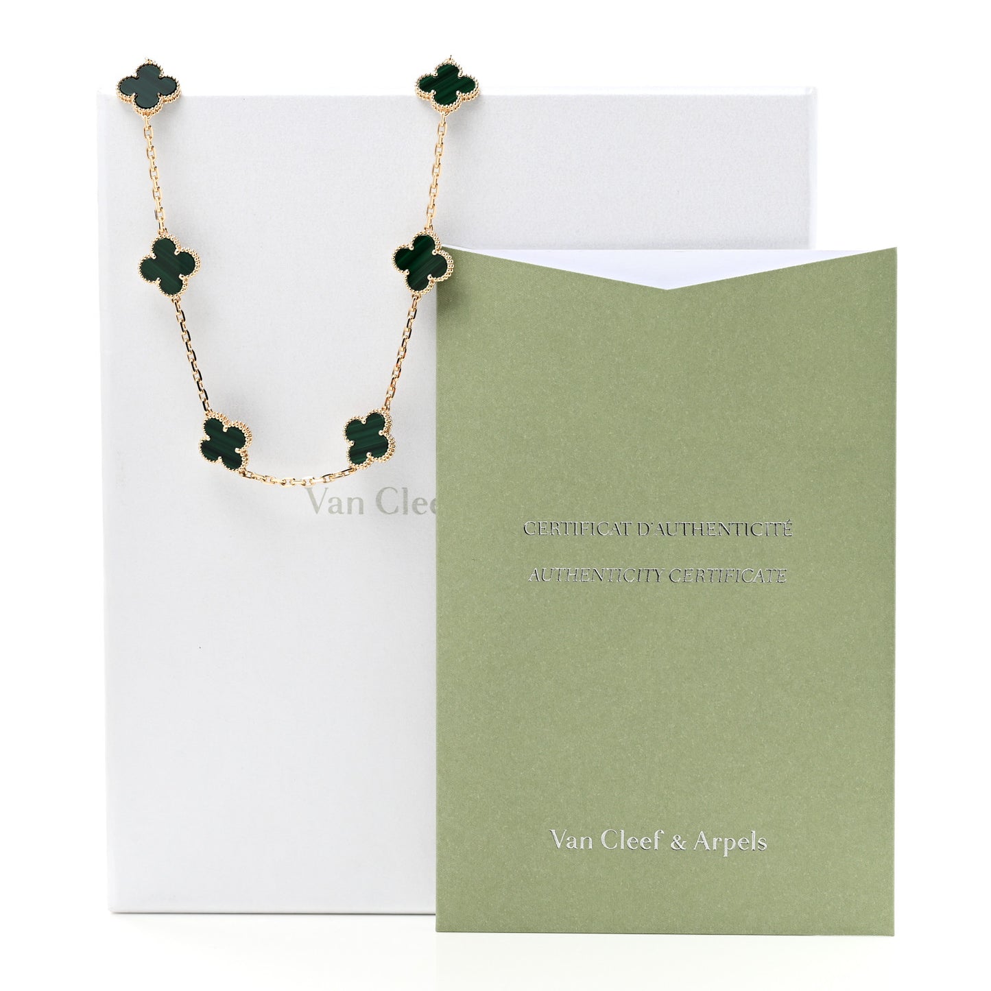 18K Yellow Gold Malachite 10 Motifs Vintage Alhambra Necklace