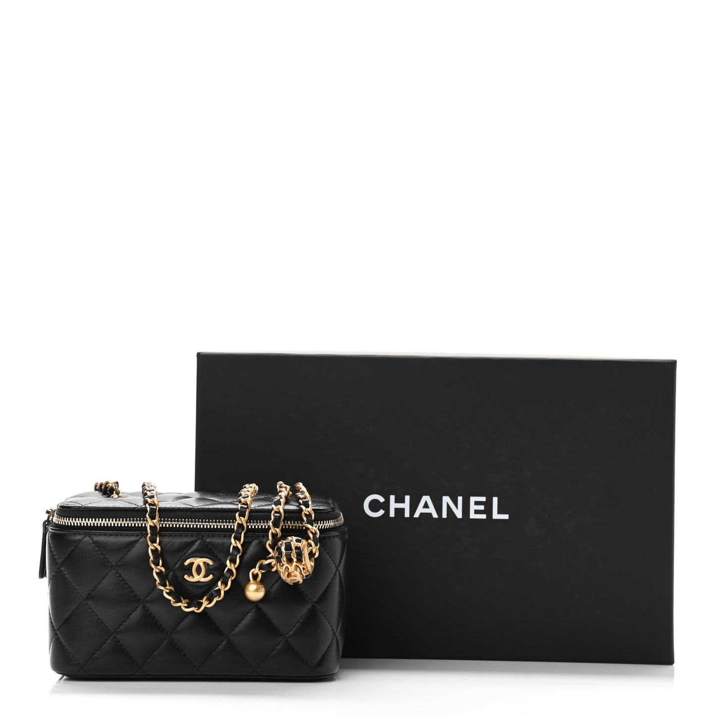 Lambskin Quilted Small Pearl Crush Vanity Case With Chain Black