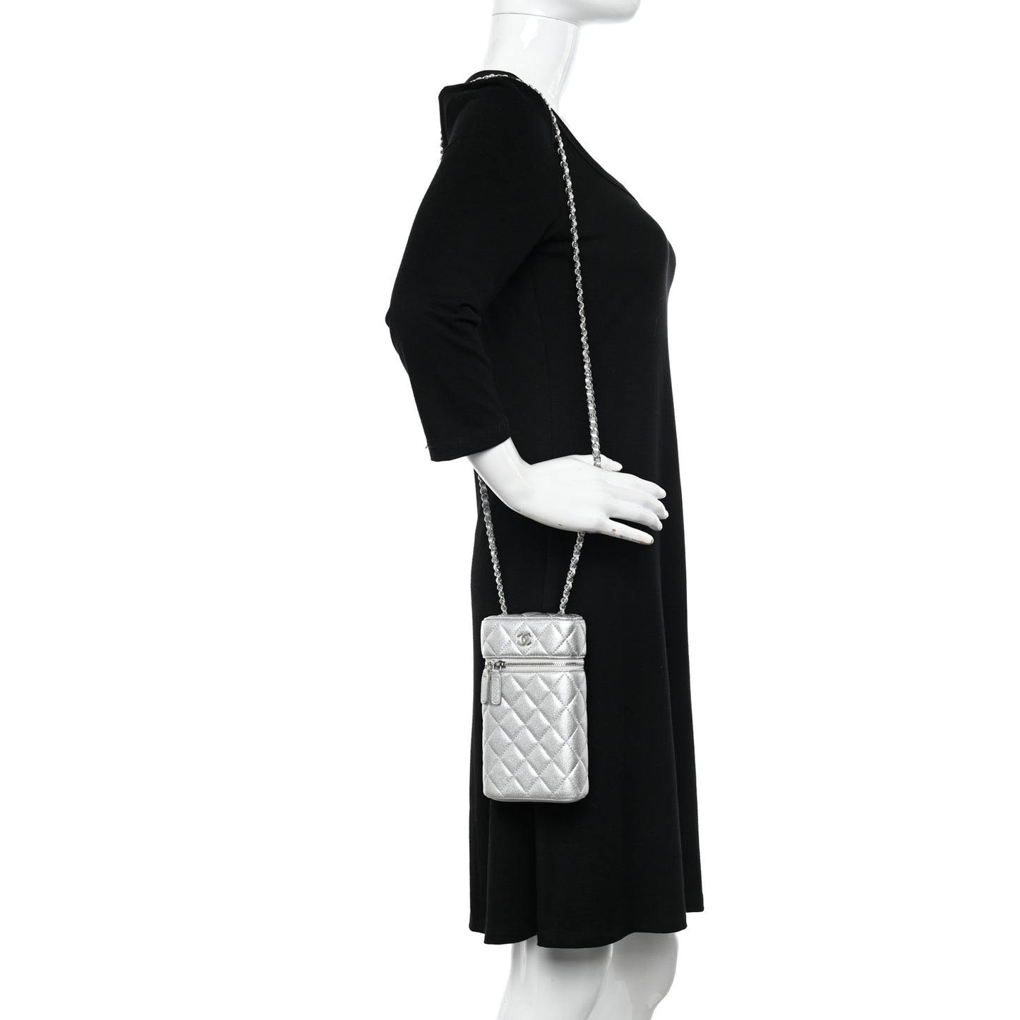 Metallic Lambskin Quilted Phone Holder With Chain Silver