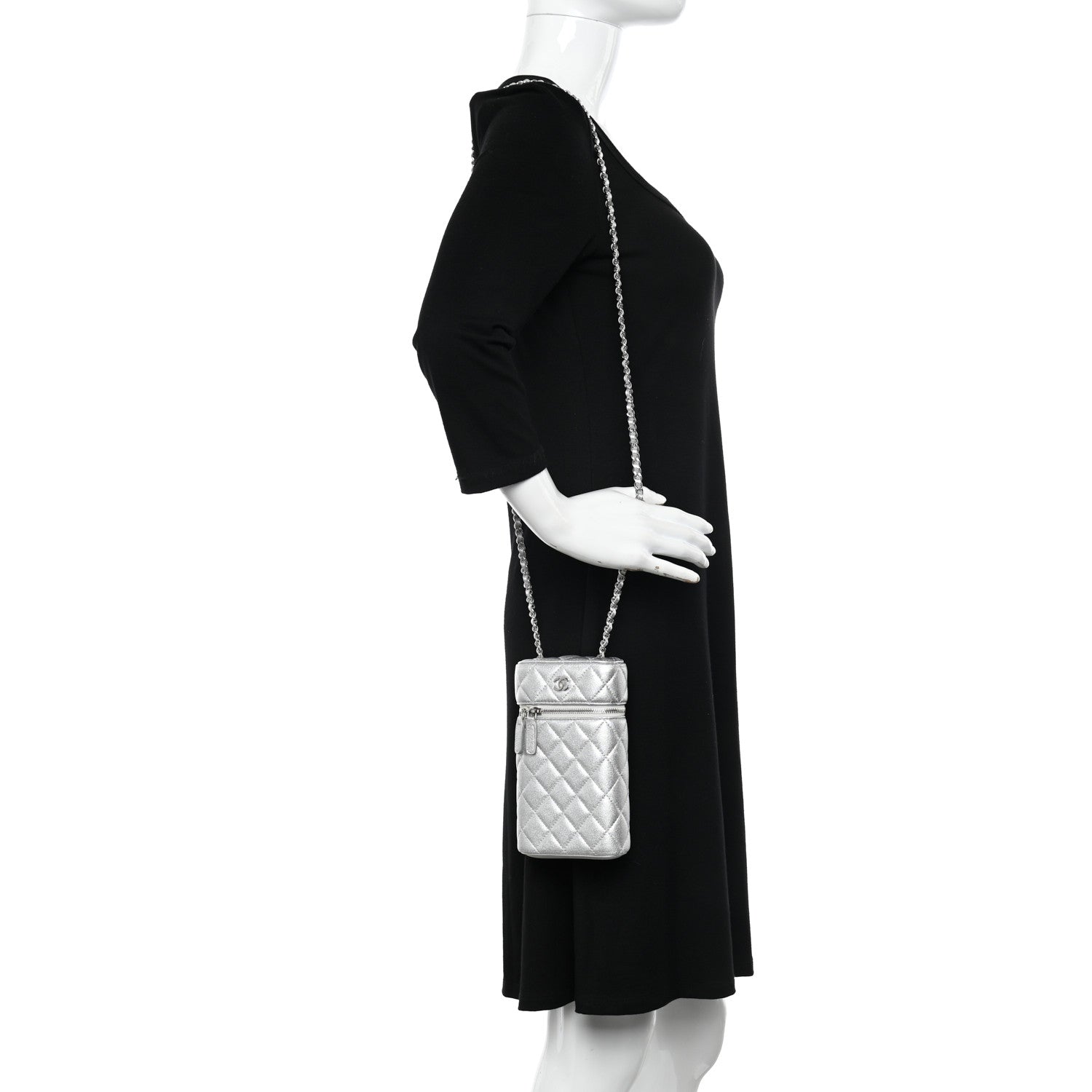 Chanel Metallic Lambskin Quilted Phone Holder With Chain Silver 2 of 13