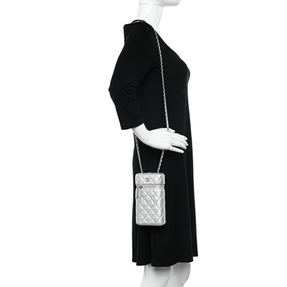 Chanel Metallic Lambskin Quilted Phone Holder With Chain Silver 2 of 13