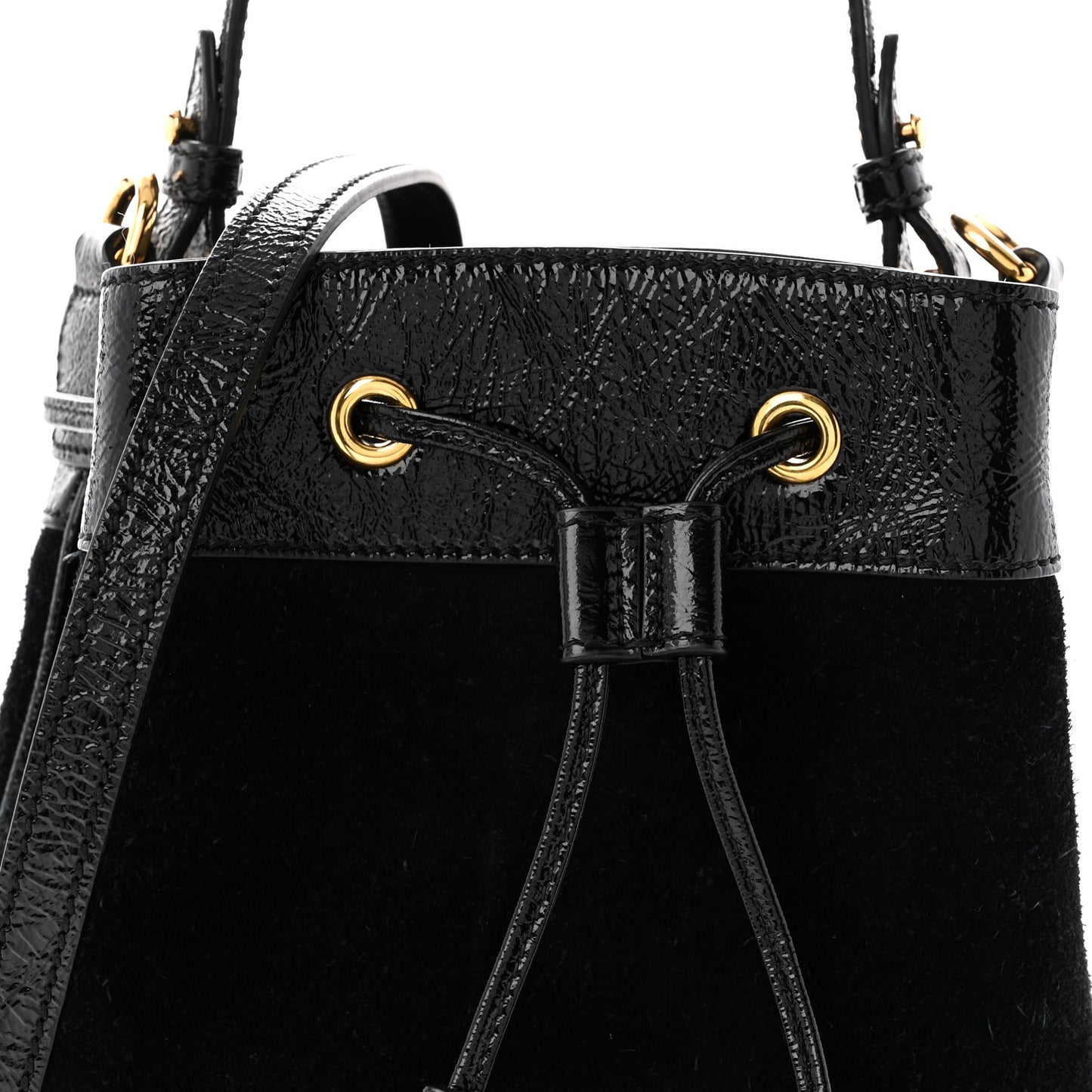 Suede Patent Web Small Ophidia Bucket Bag Black