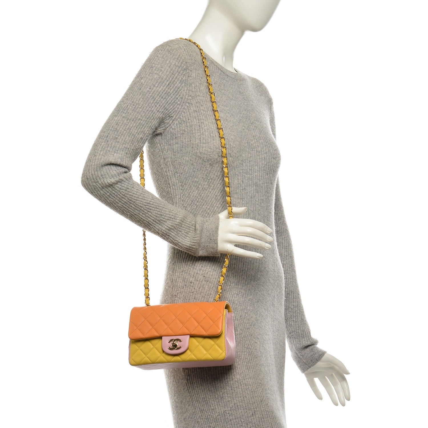 Chanel Lambskin Quilted Tri-Color Mini Rectangular Flap Orange Yellow Pink 2 of 9